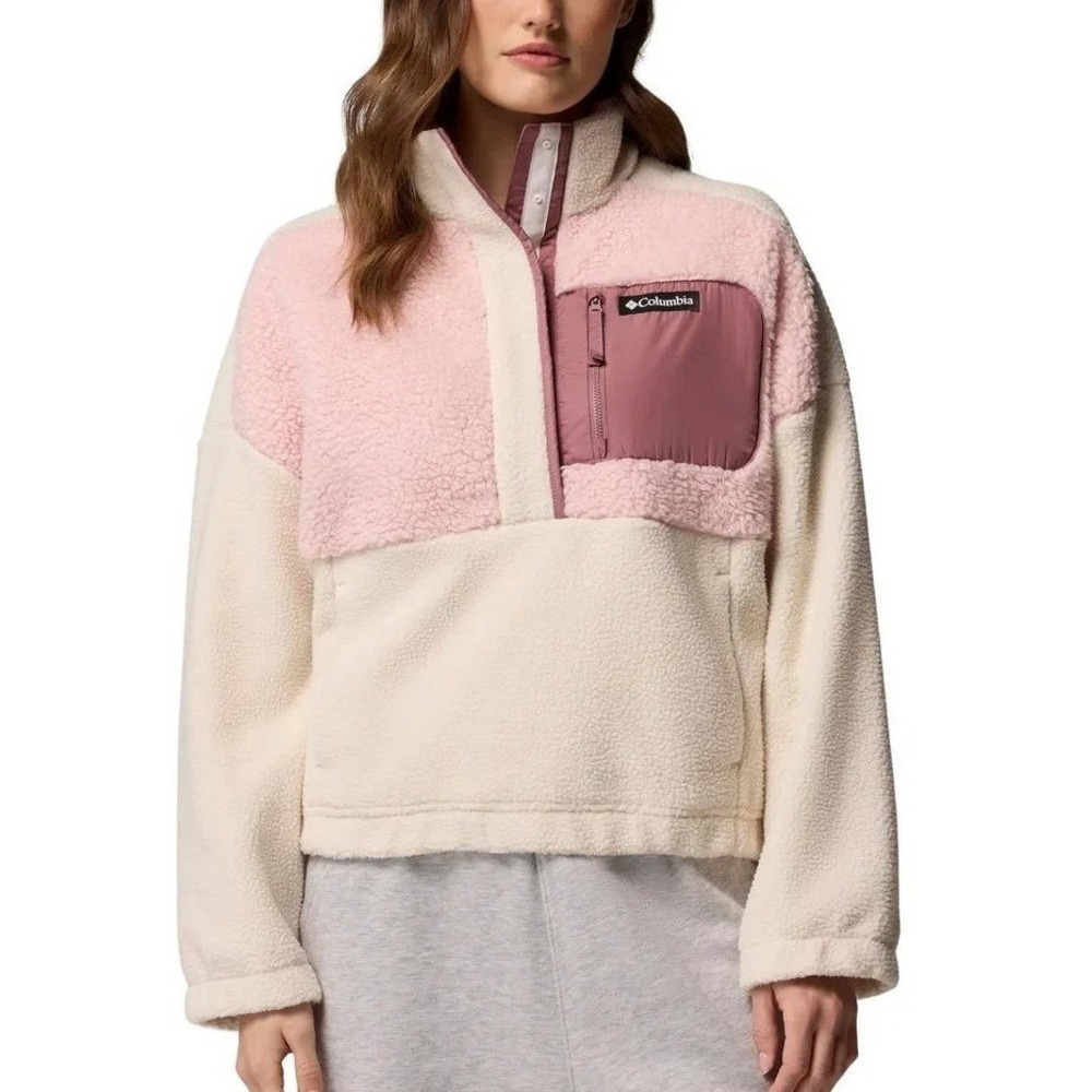 NWOT Columbia Women's L Cream Pink Sherpa Fleece Pullover Sweatshirt